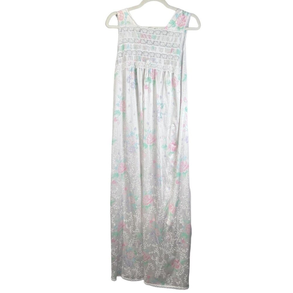 Vanity Fair Vintage Ivory White And Pink Floral Lacy Sleeveless NightGown Size M